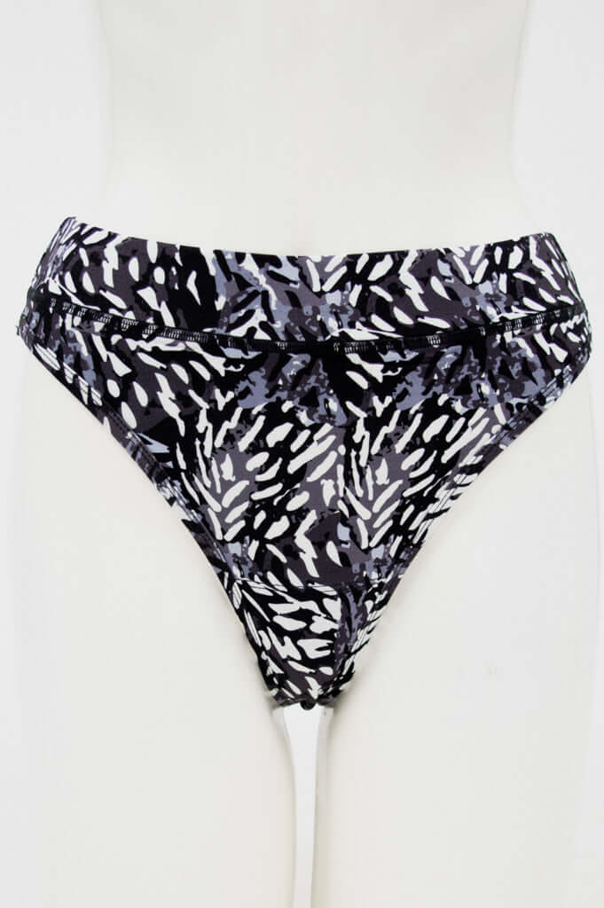 Front view of black and white patterned high rise bamboo thong underwear on mannequin