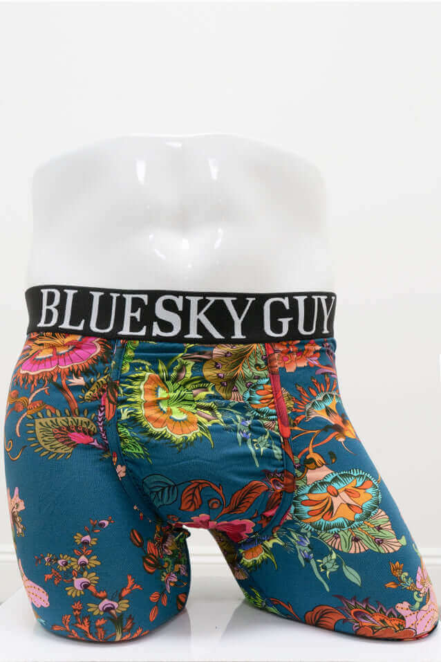 Front view of Blue Sky Guy Middle Man men's boxer briefs with vibrant floral print