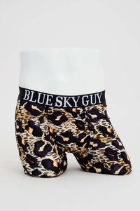 Front view of Blue Sky Guy leopard print bamboo boxer briefs on mannequin