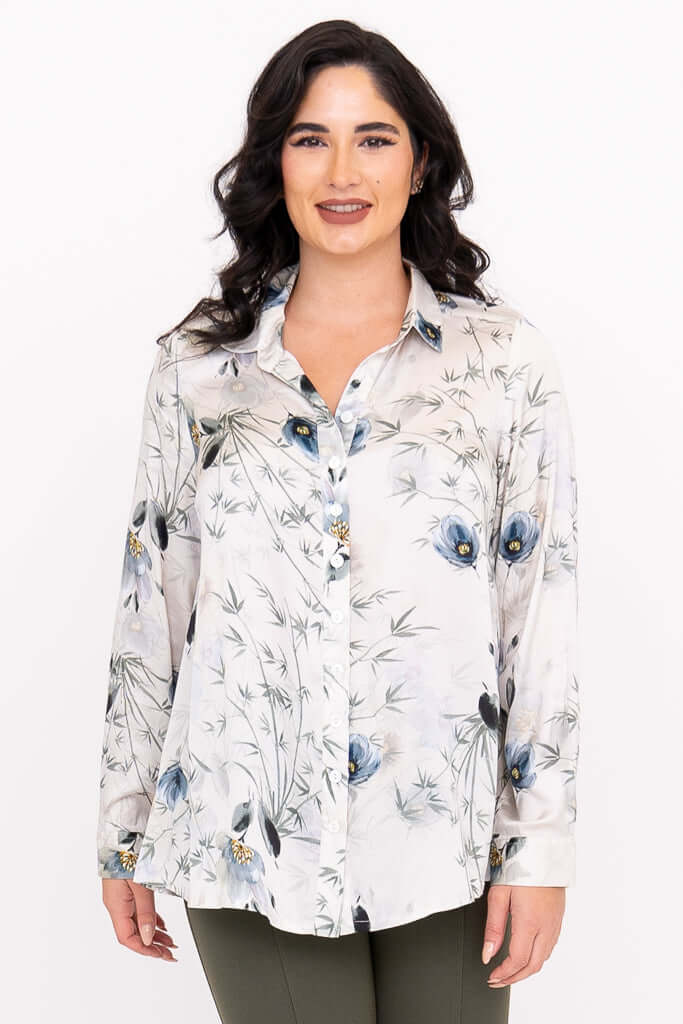 Front view of woman wearing Charlotte Blouse with floral silk print