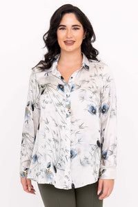 Front view of woman wearing Charlotte Blouse with floral silk print