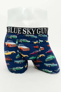 Front view of men's bamboo boxer briefs with colorful classic car print and Blue Sky Guy waistband