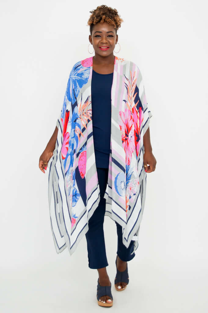 Front view of model wearing the Darcy floral kimono wrap in vibrant colors