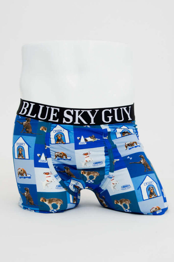 Front view of men's boxer briefs with blue doghouse and dog print, BLUE SKY GUY waistband