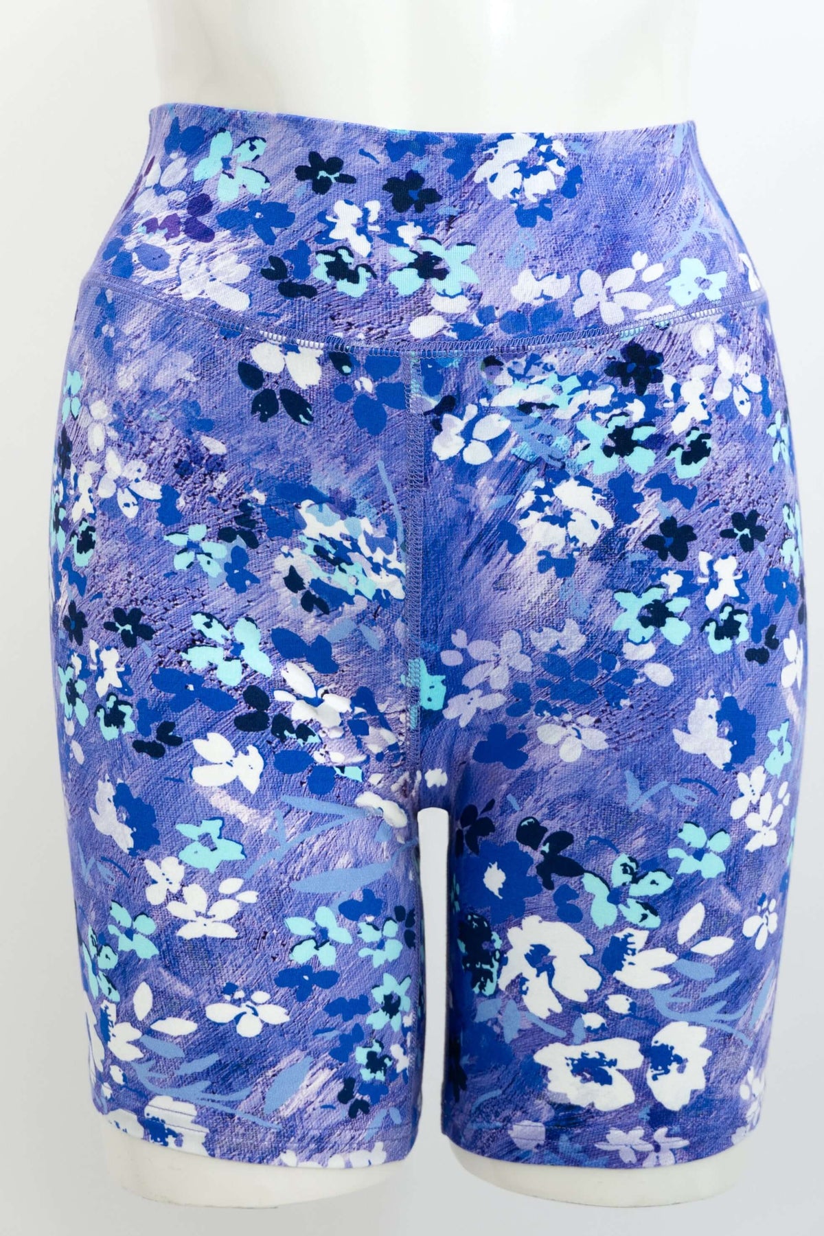 Front view of Hallie Bamboo Floral Shorts with blue and white flower print