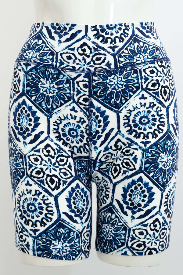 Front view of Hallie Bamboo Shorts in Blue Tile geometric pattern