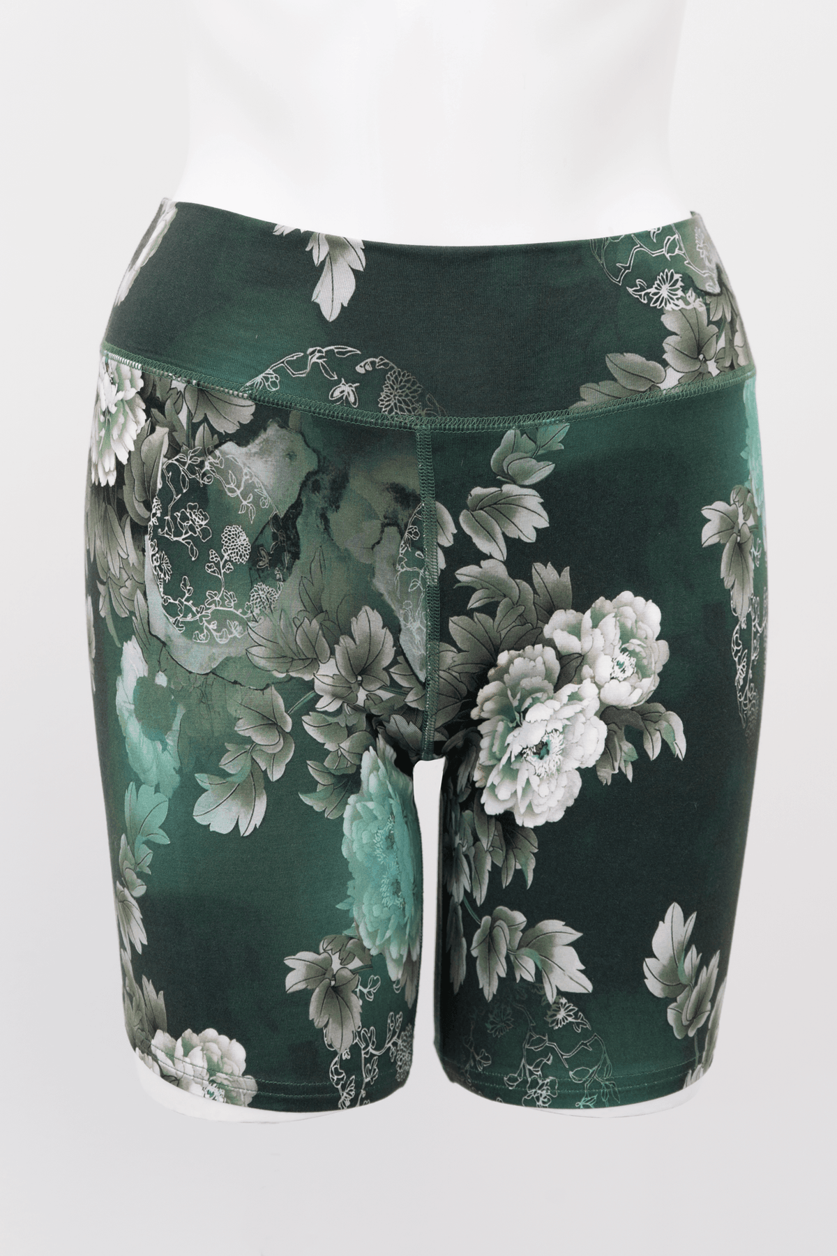 Front view of Hallie Bamboo Shorts in jade green with white peony floral pattern