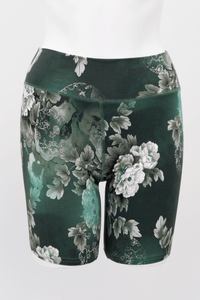 Front view of Hallie Bamboo Shorts in jade green with white peony floral pattern