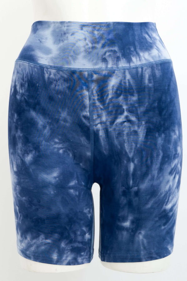 Front view of blue tie-dye bamboo shorts with wide waistband and seamless stitching