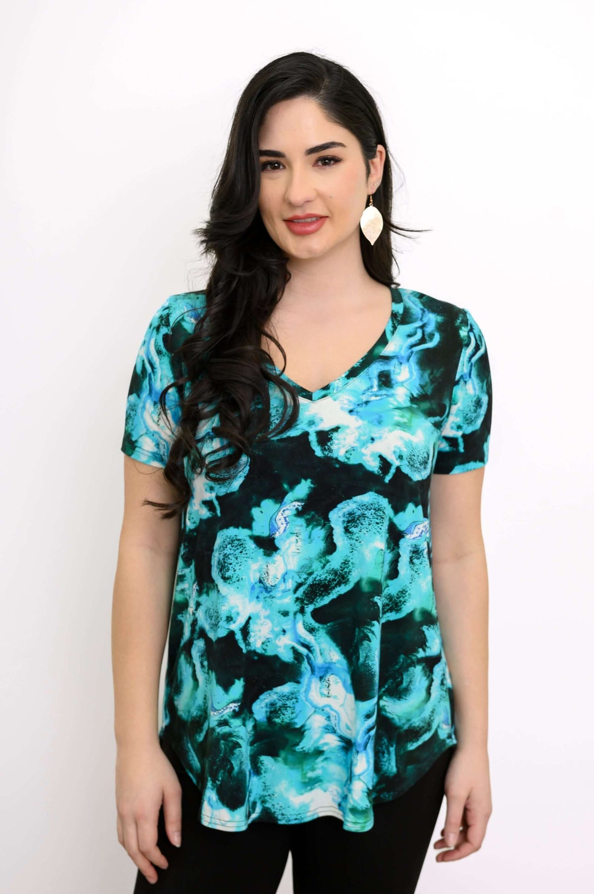 Front view of Jackie V-Neck Top in Ocean Swirl pattern