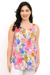 Front view of a model wearing a sleeveless floral bamboo tank top
