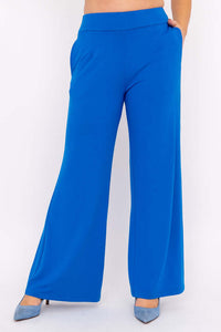 Front view of Jondo wide leg pants in cobalt blue with side pockets