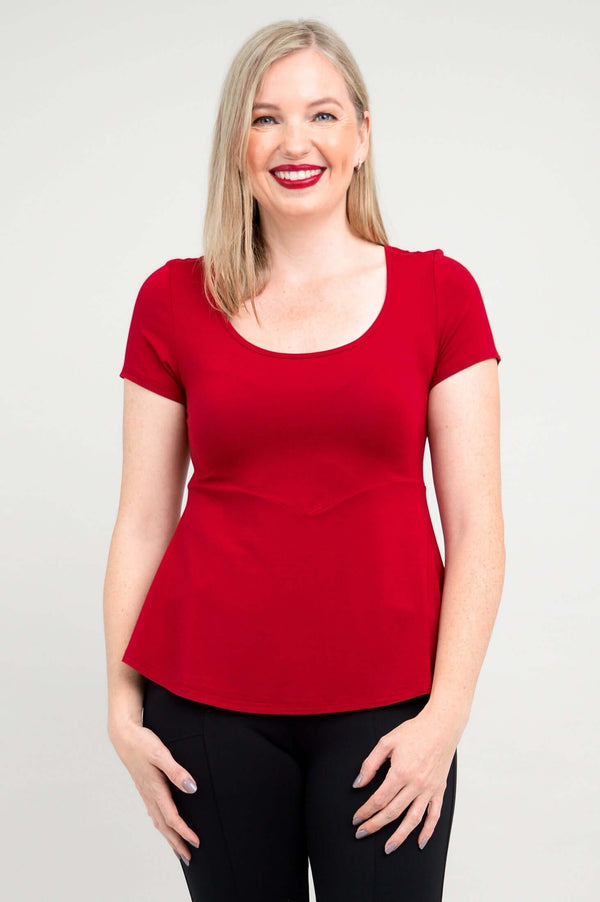 Front view of woman wearing Kim Cap bamboo top in cherry red