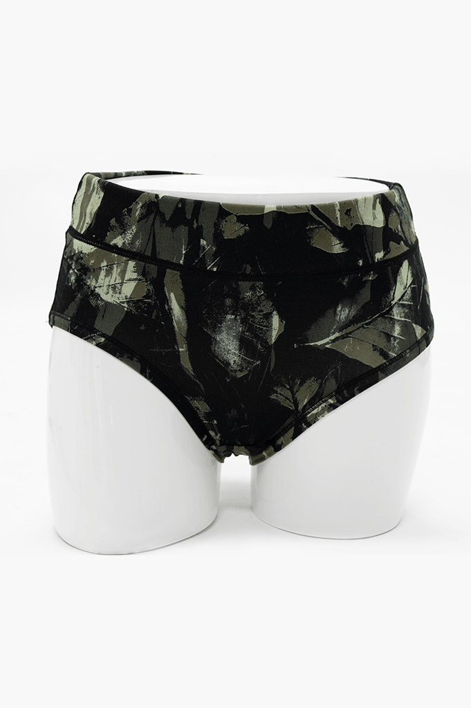 Front view of La Gaunche Bamboo Brief in olive camo print on mannequin