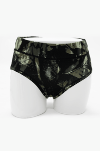 Front view of La Gaunche Bamboo Brief in olive camo print on mannequin
