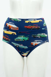 Front view of high-waisted classic brief with colorful car print