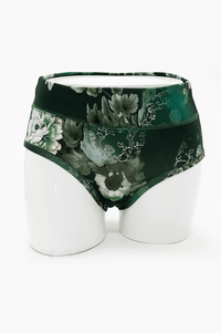 Front view of green floral high-waisted bamboo brief underwear on a mannequin