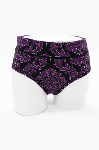Front view of La Gaunche bamboo brief in purple and black damask pattern