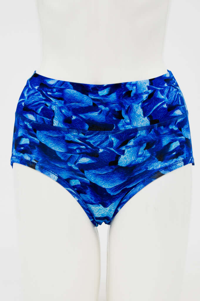 Front view of La Gaunche classic brief in blue abstract print on mannequin