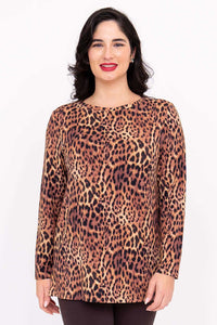 Front view of a woman wearing a long sleeve leopard print top