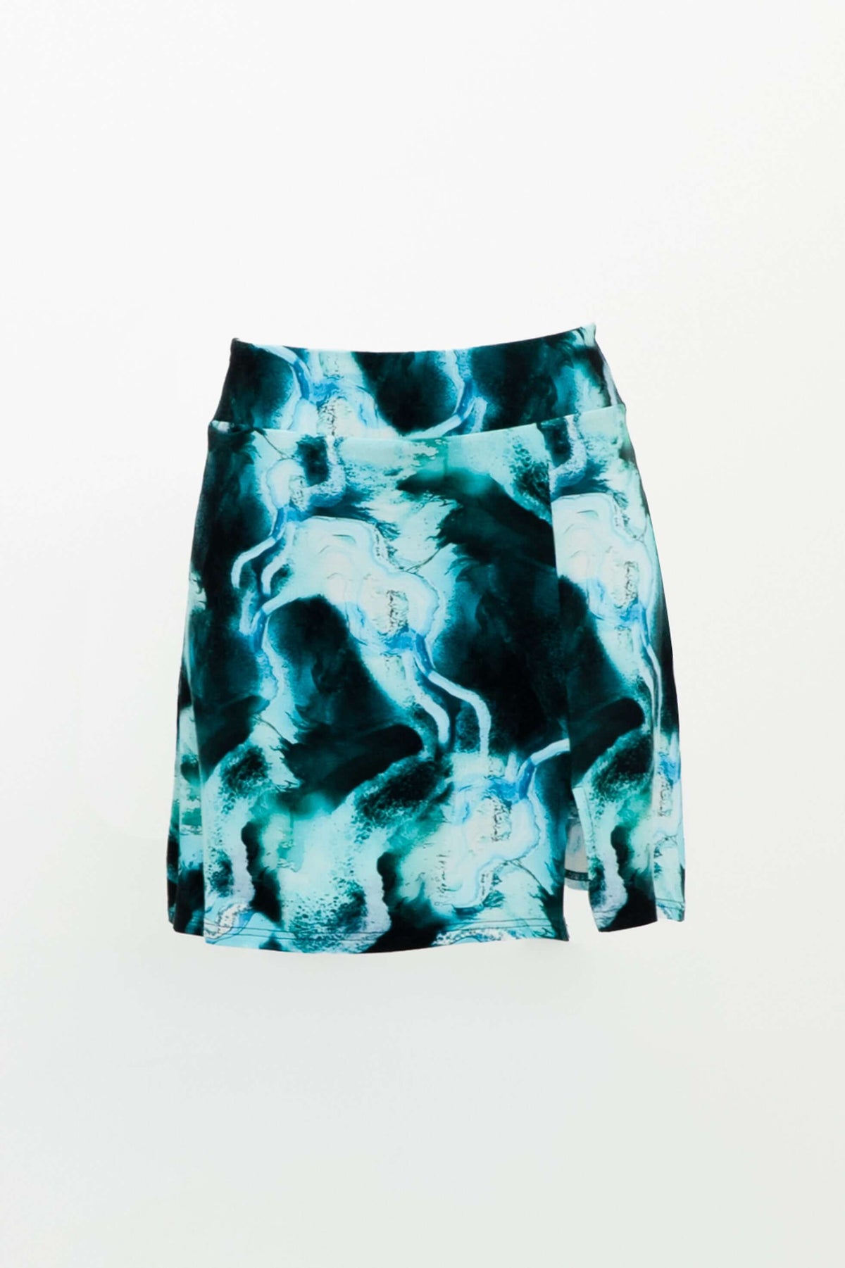 Front view of Melly skirt-shorts in aqua marble print