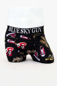 Front view of Middle Man Sneaker Print Underwear with black waistband and colorful sneaker designs