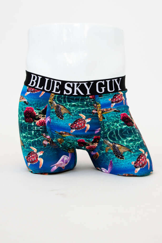 Front view of Middle Man Bamboo Underwear with sea turtle and coral reef print