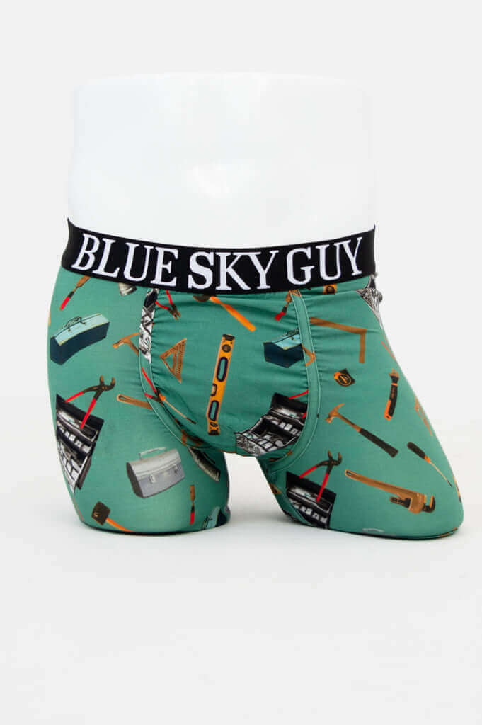 Front view of men's Middle Man bamboo underwear with tool print and BLUE SKY GUY waistband