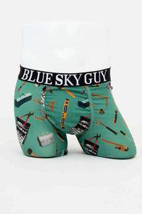Front view of men's Middle Man bamboo underwear with tool print and BLUE SKY GUY waistband