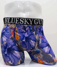 Front view of men's bamboo boxer briefs with bold blue floral print and BLUE SKY GUY waistband