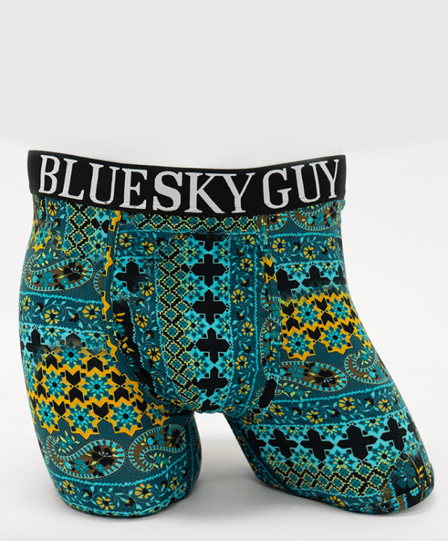 Front view of Middle Man underwear in blue and yellow geometric print with wide waistband