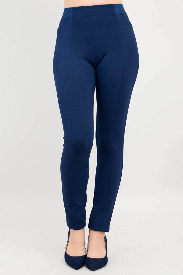 Front view of navy Nadia Pants highlighting the tailored fit and waistband