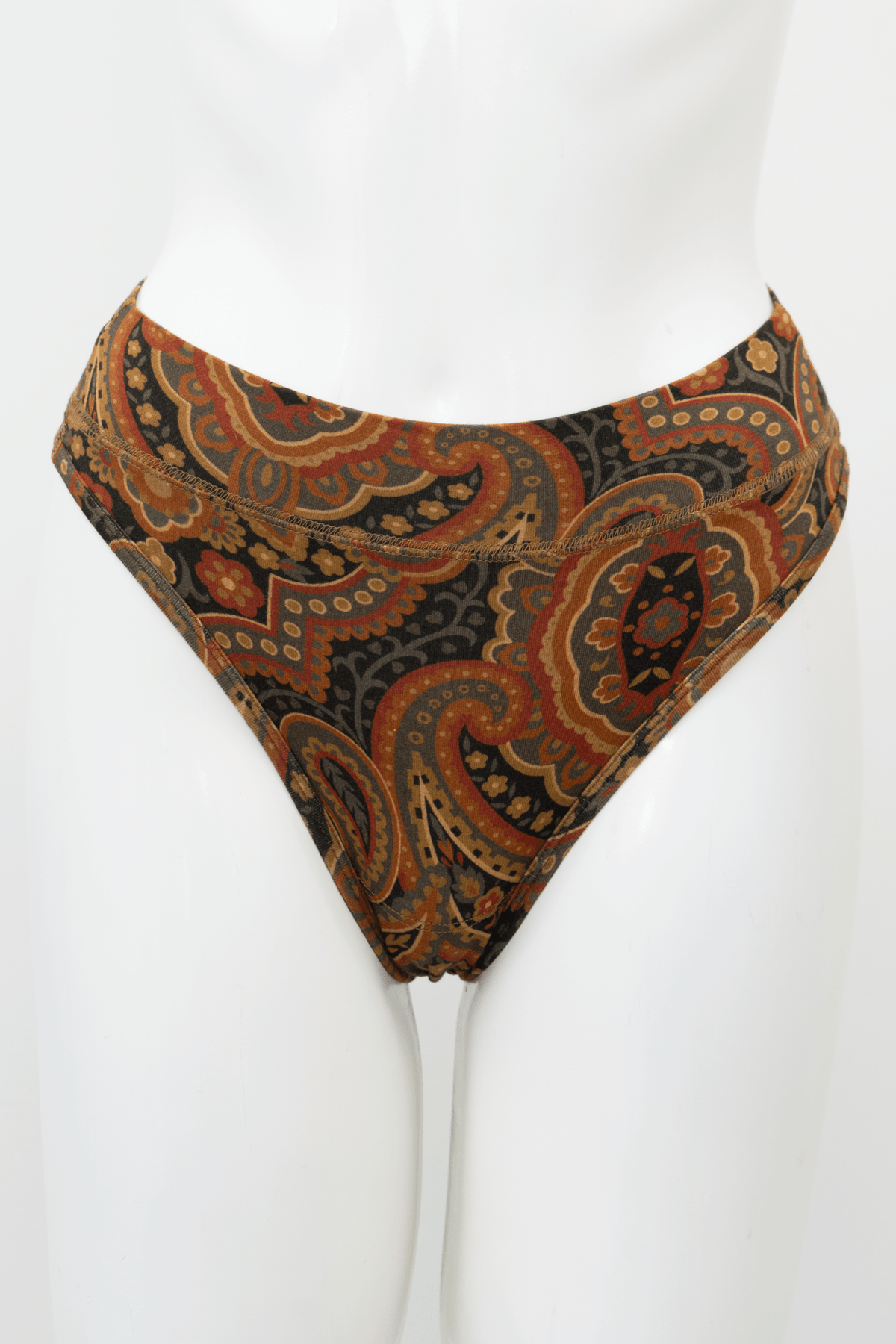 Front view of high-rise thong in paisley bamboo fabric on mannequin