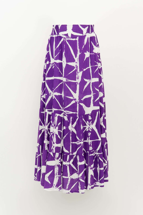 Purple and white three-tiered ankle-length summer skirt, front view