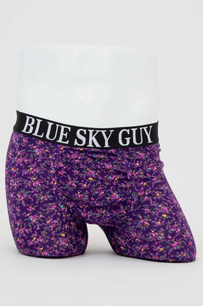 Front view of violet floral bamboo boxer briefs with BLACK waistband labeled BLUE SKY GUY