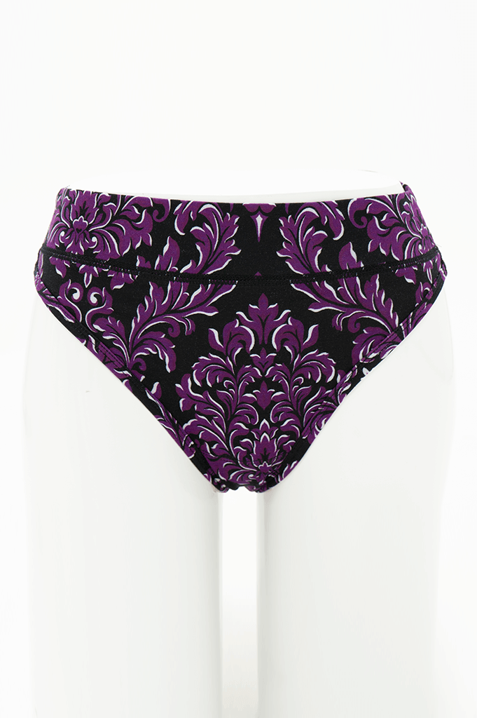 Front view of bamboo high rise thong in purple baroque floral print