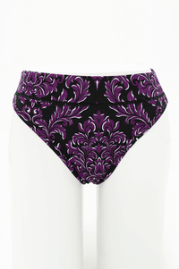Front view of bamboo high rise thong in purple baroque floral print
