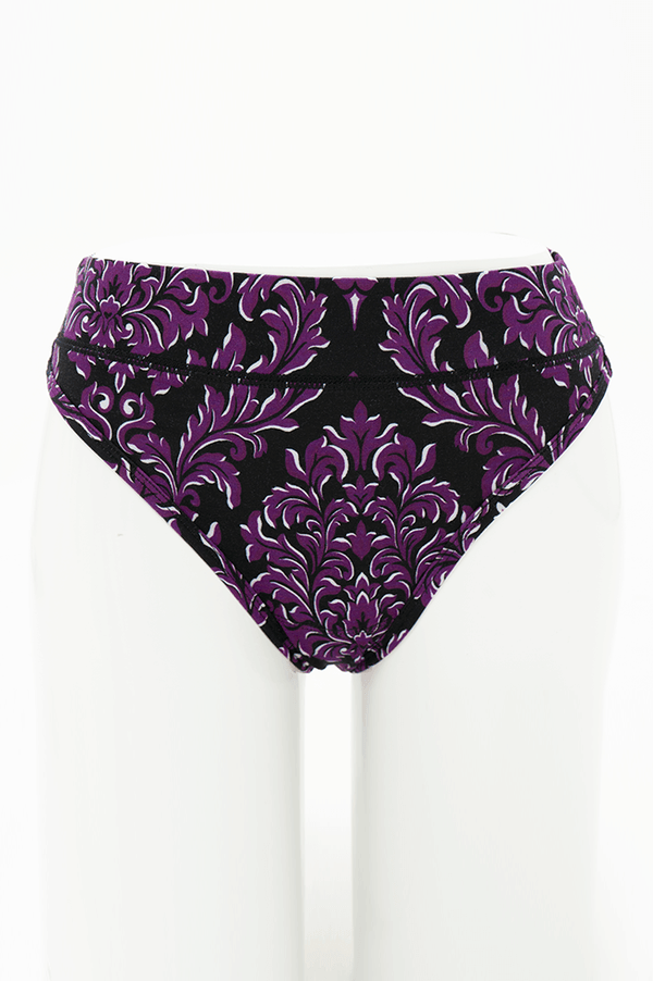 Front view of bamboo high rise thong in purple baroque floral print