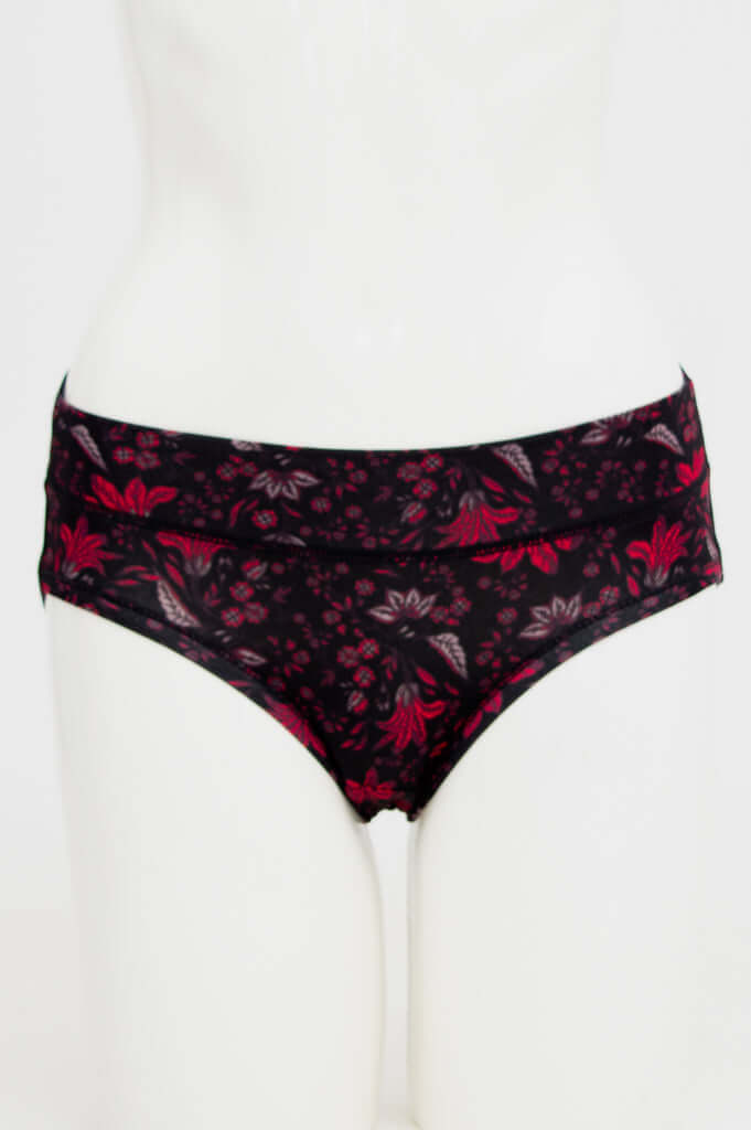 Front view of bamboo hipster brief in midnight floral print on mannequin
