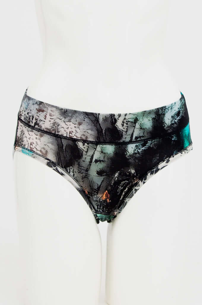Front view of bamboo hipster brief with artistic print on mannequin