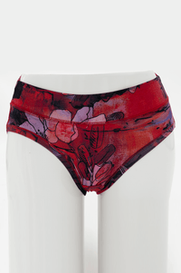 Front view of bamboo hipster underwear in red watercolor floral print on mannequin