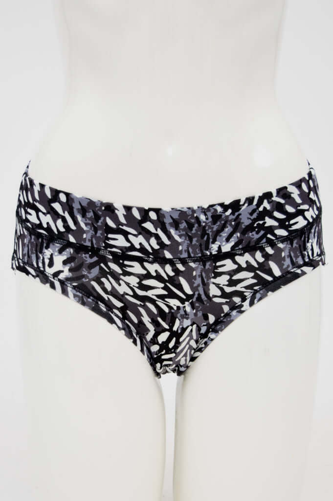 Front view of black and white patterned hipster bamboo underwear on mannequin