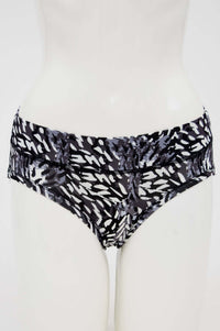 Front view of black and white patterned hipster bamboo underwear on mannequin
