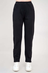 Front view of black bamboo fleece track pants with straight cut and elastic waistband
