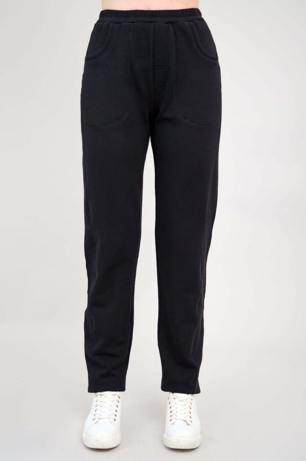 Front view of black bamboo fleece track pants with straight cut and elastic waistband