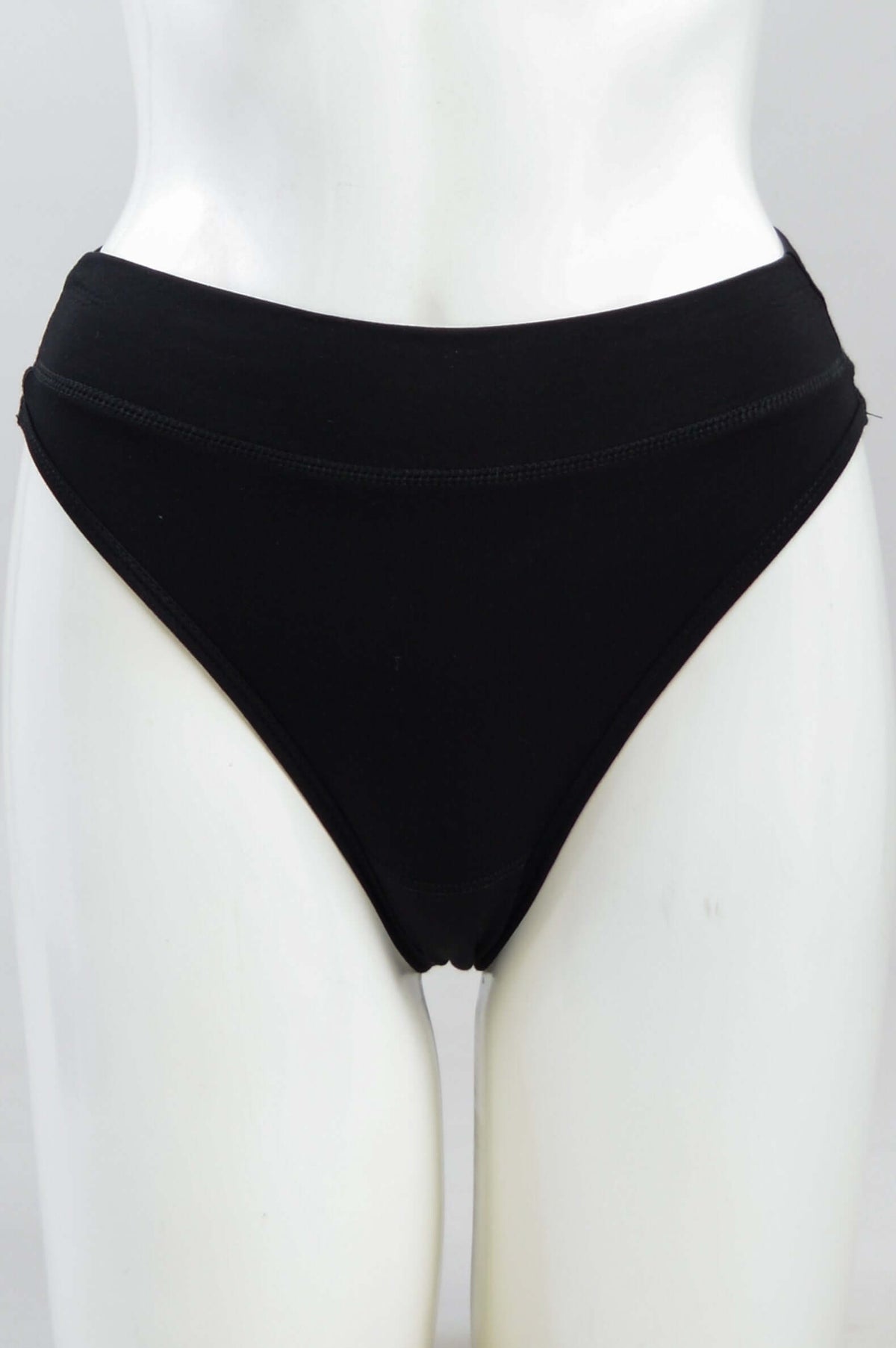 Front view of black bamboo high rise thong underwear on mannequin