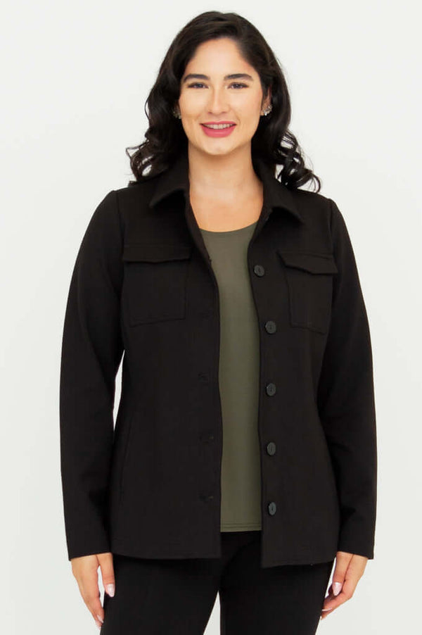 Front view of a woman in a black collared jacket with long sleeves
