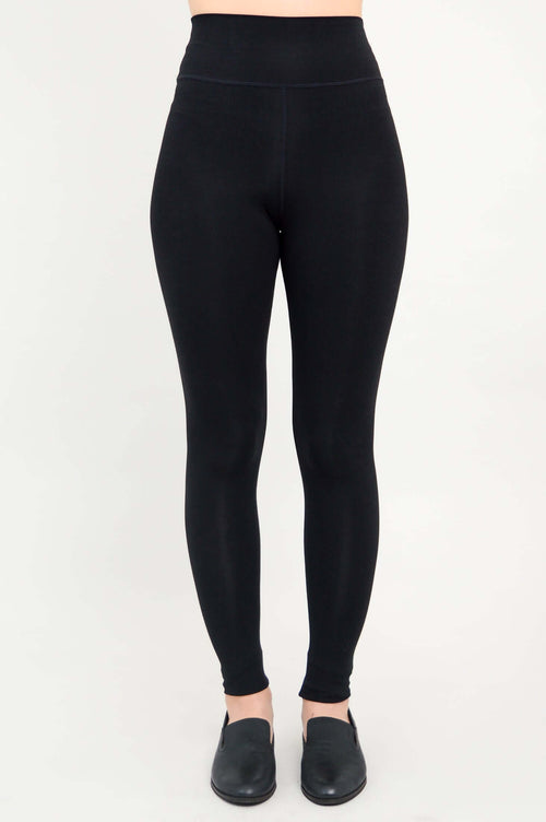 Front view of black fleece-lined leggings with high waistband
