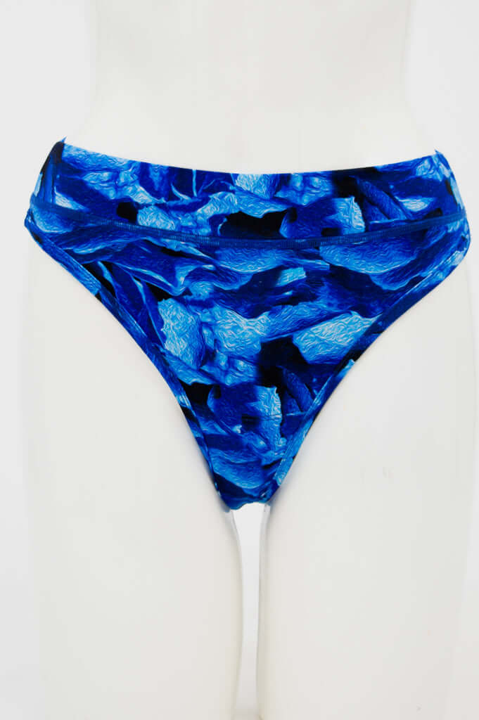 Front view of high rise blue bamboo thong underwear on mannequin
