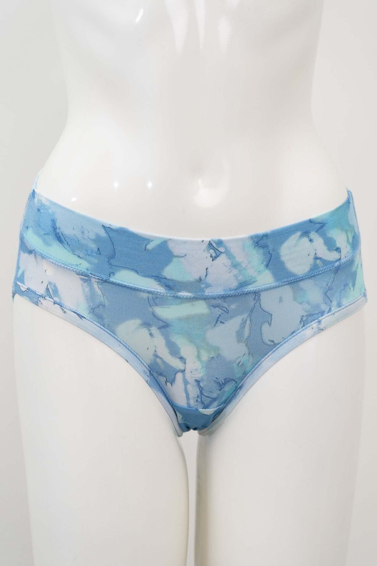 Front view of blue bamboo hipster underwear on mannequin